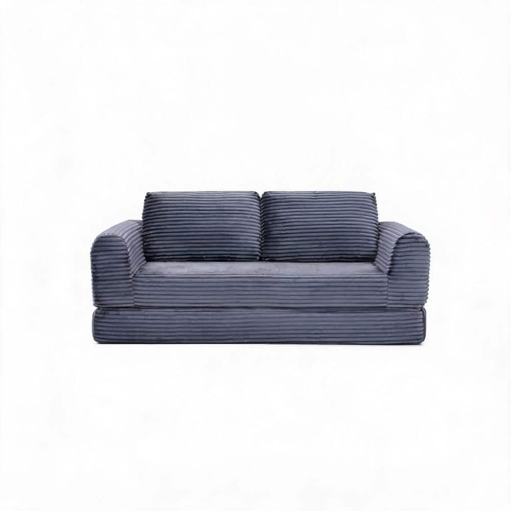 57 in. Grey Corduroy Twin Size Sofa Bed with Pillows, 2-in-1 Folding Convertible Sleeper Couch for Living Room