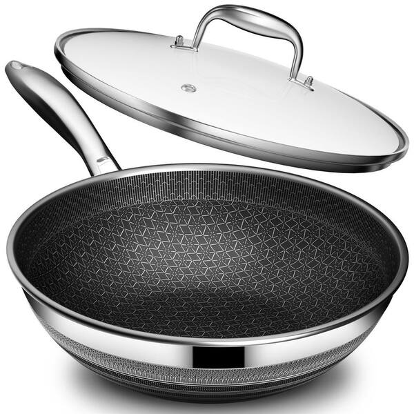 Large 10.8 in. Silver Stainless Steel Induction Wok with Lid, PFOA Free Cookware, Dishwasher and Oven Safe