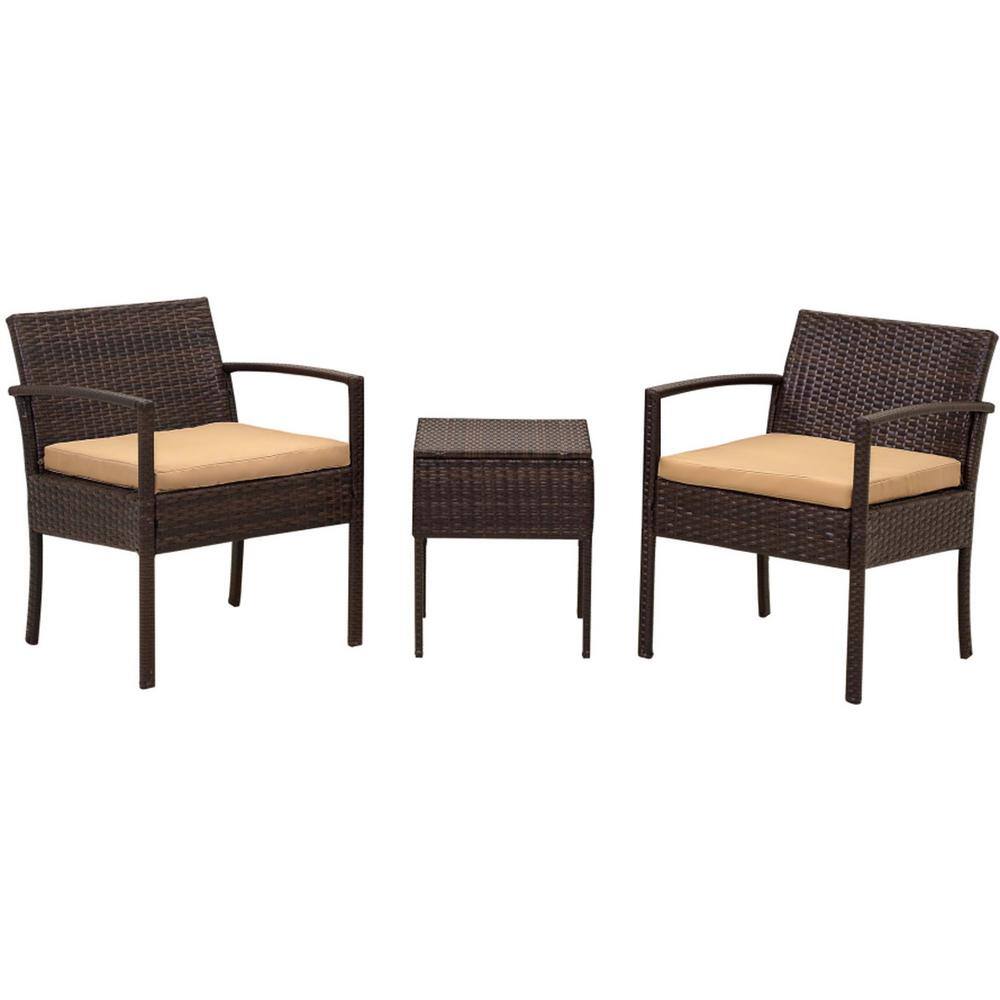 3-Piece Brown Wicker Outdoor Bistro Set with Yellow Cushions and 2-Chairs for Backyard, Poolside, Garden price history on PriceWatchPro