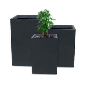 19", 16" and 13"H Charcoal Finish Concrete Tall Square Set of 3, Outdoor Indoor Lightweight Planters w/ Drainage Hole