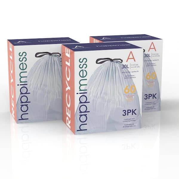 happimess 7.9 gal. Drawstring Trash Can Liner (60-Count, 3-Packs of 20 Liners), Clear
