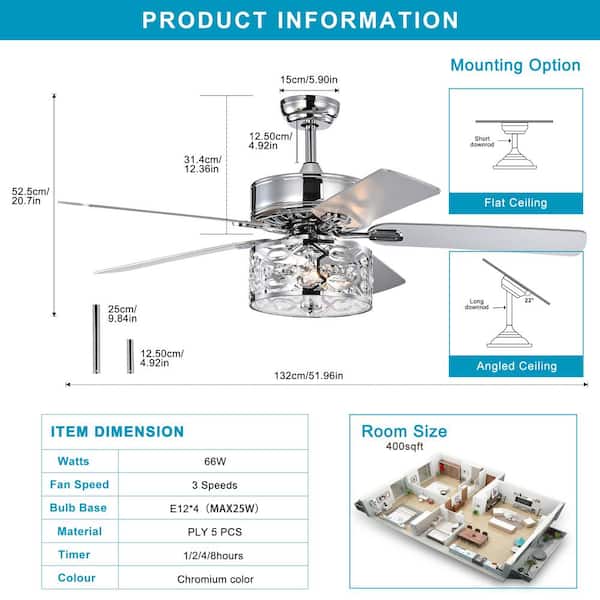 Keazile Balder 52 in. Indoor Chrome Crystal Ceiling Fan with Remote Control  and Reversible Motor KZ-Y52CAC3002R-CH