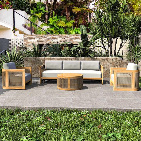 Guzal 4-Piece Acacia Wood Patio Outdoor Conversation Set with Cream Cushions