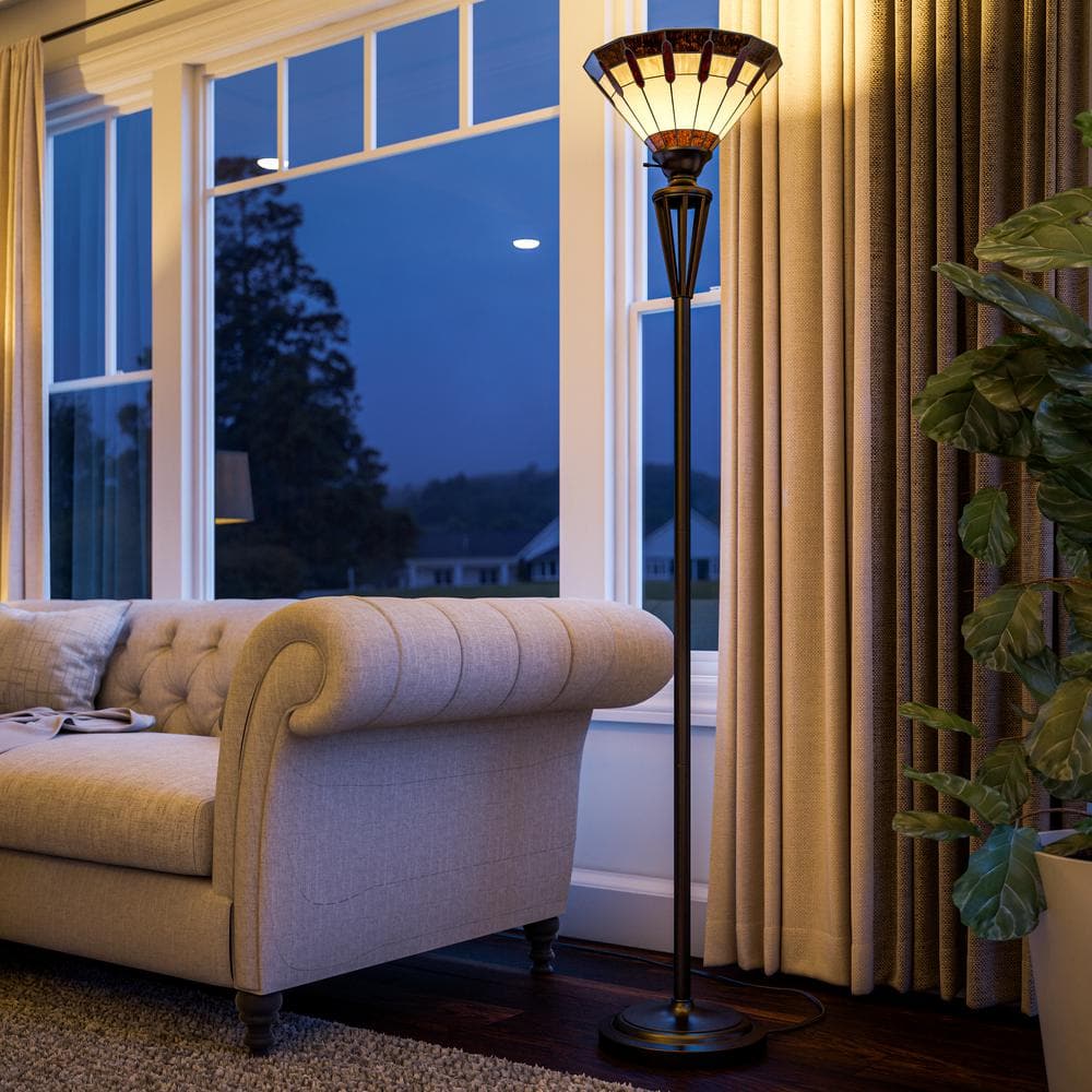 72-Inch Bronze Torchiere with Stained Glass Shade