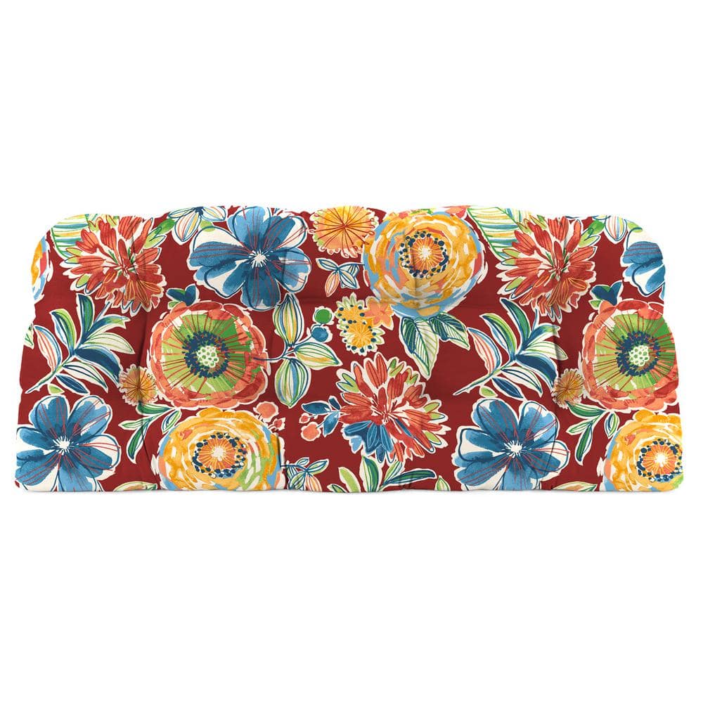 Colsen Berry Red Floral Tufted Outdoor Wicker Bench Cushion