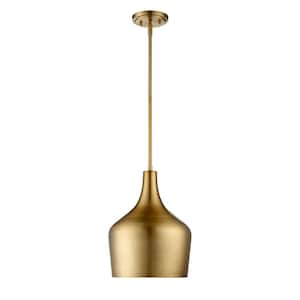 Meridian 10.5 in. W x 14 in. H 1-Light Natural Brass Pendant with Contemporary Metal Shade