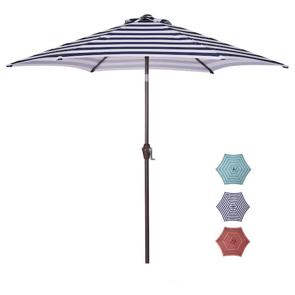 LOLLAND DECOR INC Outdoor 8.6 ft. Market Table Patio Umbrella with Push Button Tilt and Crank in Blue Stripes