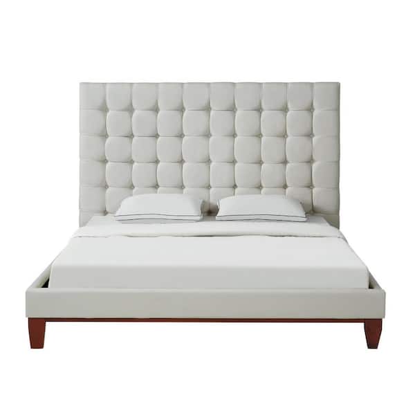 HomeRoots Beige Wood Frame King Panel Bed with Tufted; Upholstered