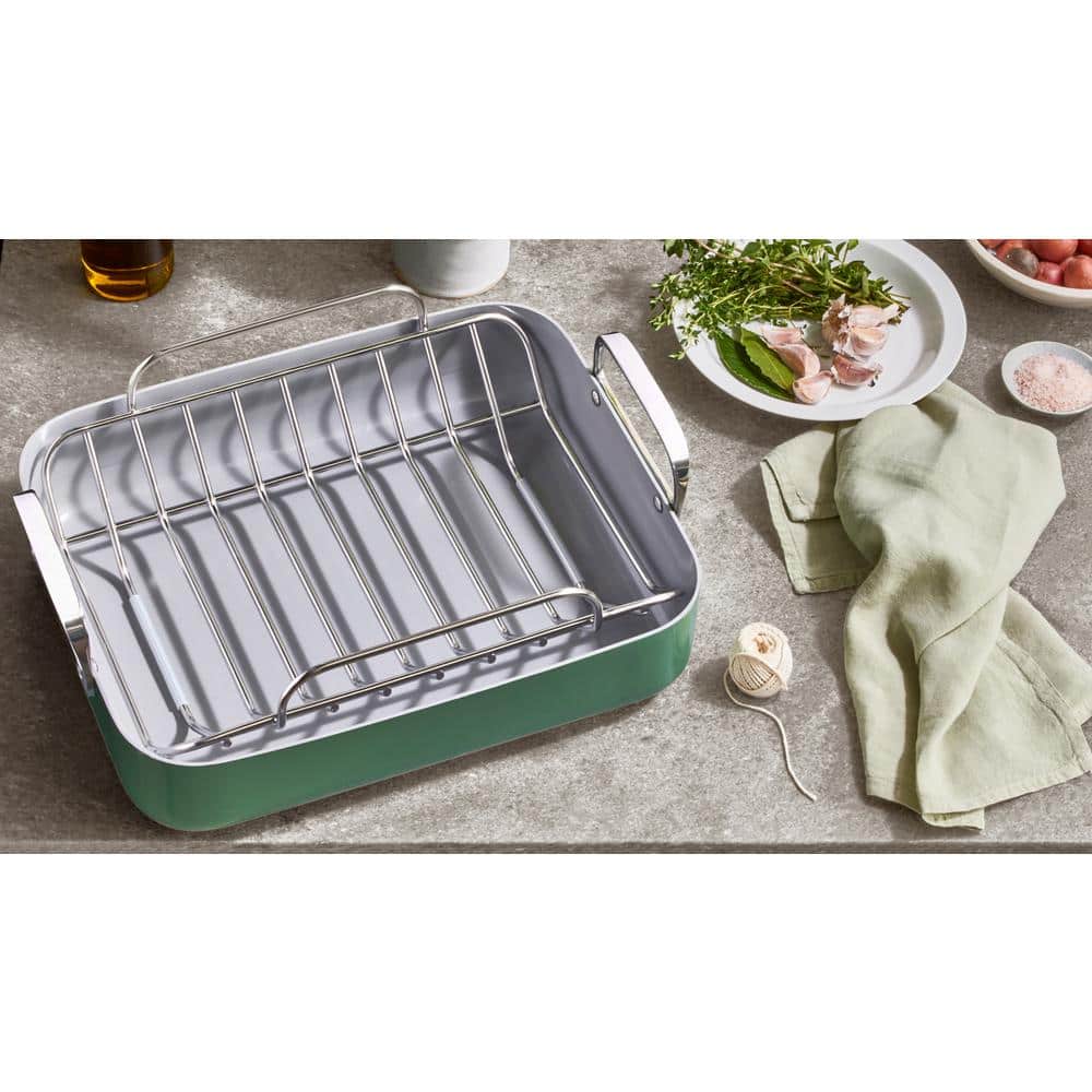 Sage Green Nonstick Square Roasting Pan with Rack and Handles