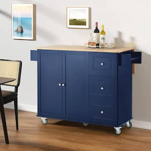 Kitchen Cart with Solid Wood Top, Locking Wheels, Storage Cabinet and Drop Leaf Breakfast Bar and Spice Rack in Blue