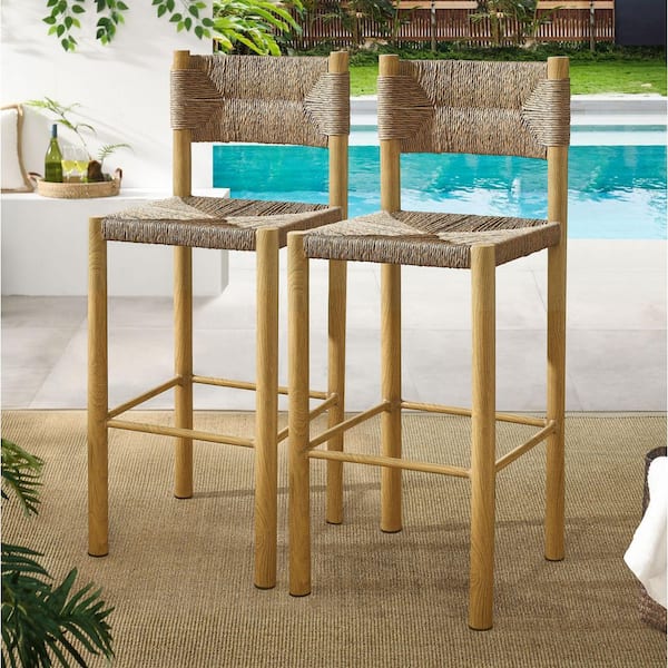 MODWAY Parkland Stackable Aluminum and Rattan Outdoor Bar Stool of 2 in Natural