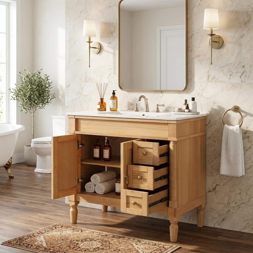 36 in. W x 18.3 in. D x 33.5 in. H Single Sink Wood Color Freestanding Bath Vanity with White Ceramic Top Unassembled price history on PriceWatchPro