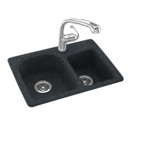 Drop-In/Undermount Solid Surface 25 in. 1-Hole 60/40 Double Bowl Kitchen Sink in Black Galaxy