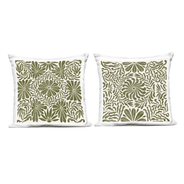 Patterned Wavy Flowers Green Square Outdoor Throw Pillow 2-Pack