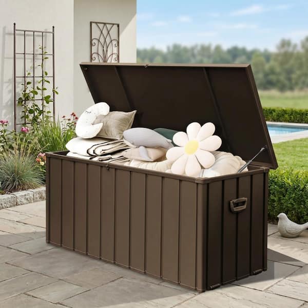 Brown 190 Gal. Metal Waterproof Outdoor Deck Box, Lockable Patio Storage Cabinet with Wheels for Pillows Cushions Tools