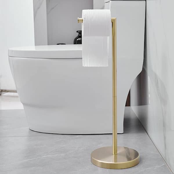 BWE Round Freestanding Toilet Paper Holder with Top Storage Shelf in Brushed Gold
