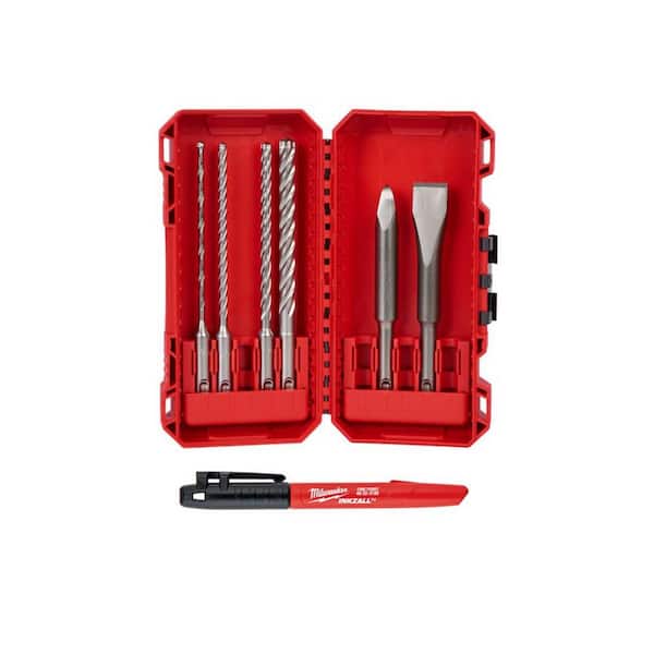 Milwaukee 4-Cutter SDS-Plus Carbide Drill Bits w/ Flat and Bull Point Chisel (6-Piece) & INKZALL Black Jobsite Permanent Marker