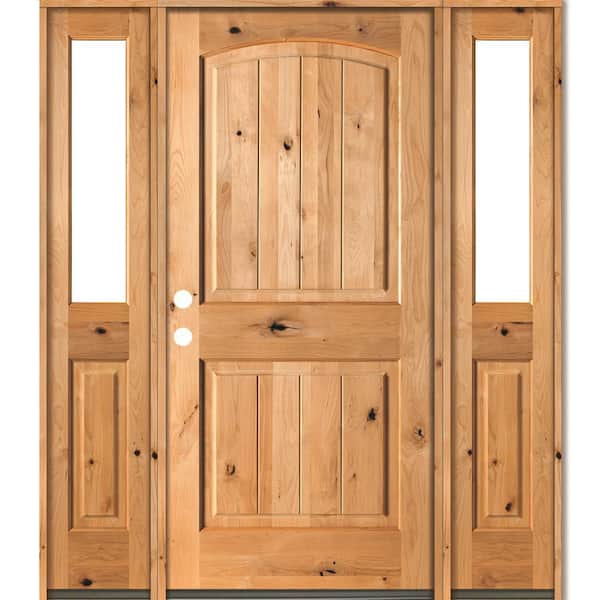 Krosswood Doors 64 in. x 80 in. Rustic Knotty Alder Arch clear stain Wood w.V-Groove Right Hand Single Prehung Front Door/Half Sidelites