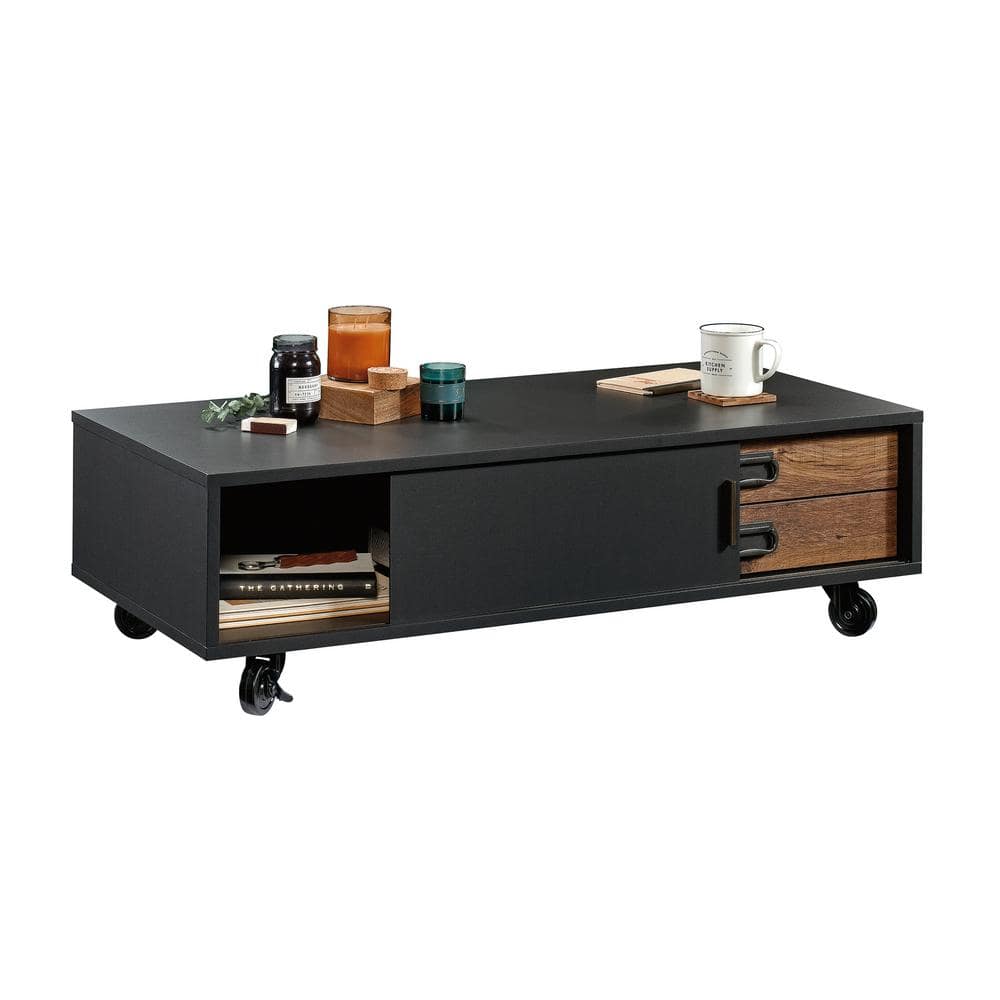Rectangular Black and Vintage Oak Wood Coffee Table with Storage