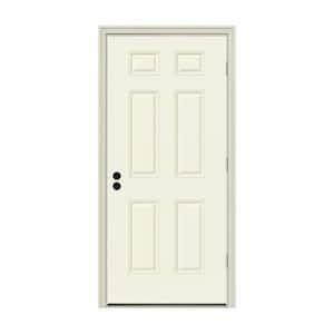 34 in. x 80 in. 6-Panel Vanilla Painted Steel Prehung Left-Hand Outswing Front Door w/Brickmould