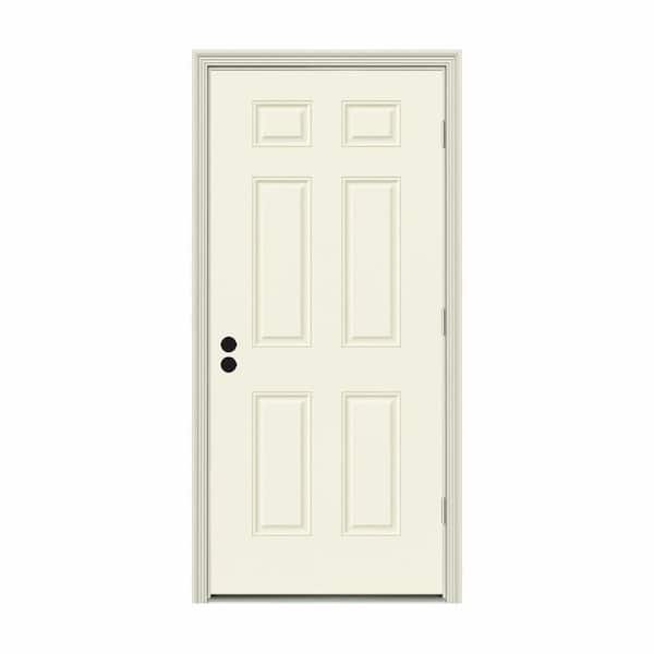 JELD-WEN 34 in. x 80 in. 6-Panel Vanilla Painted Steel Prehung Left-Hand Outswing Front Door w/Brickmould