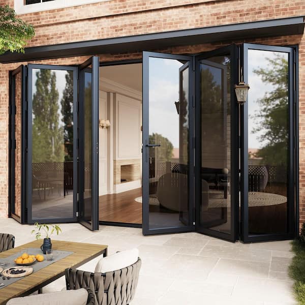 192 in. x 80 in. Bi-Parting Double Tempered Glass Black Aluminum Folding Patio Door (3-Folding Plus 3-Folding)