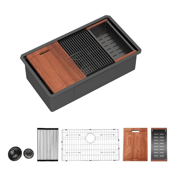 30 in. Drop-In Single Bowl 16-Gauge Gunmetal Black Stainless Steel Kitchen Workstation Sink with Accessories Bundle