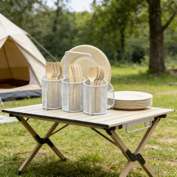 White Metal Mesh 4-Compartment Utensil Crock with Cutlery Organizer for Kitchen Countertop Buffet Picnic Camping Outdoor