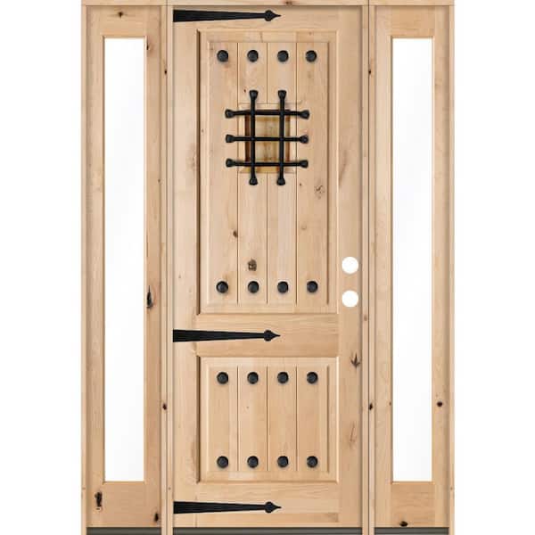 Krosswood Doors 58 in. x 96 in. Mediterranean Alder Sq-Top Clear Low-E Unfinished Wood Left-Hand Prehung Front Door with Full Sidelites