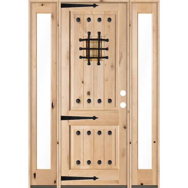 Krosswood Doors 60 in. x 96 in. Mediterranean Alder Sq-Top Clear Low-E Unfinished Wood Left-Hand Prehung Front Door with Full Sidelites
