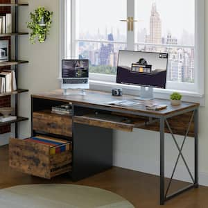 55 in. Rectangular Rustic Brown Office Desk with Storage File Drawers and Keyboard Tray