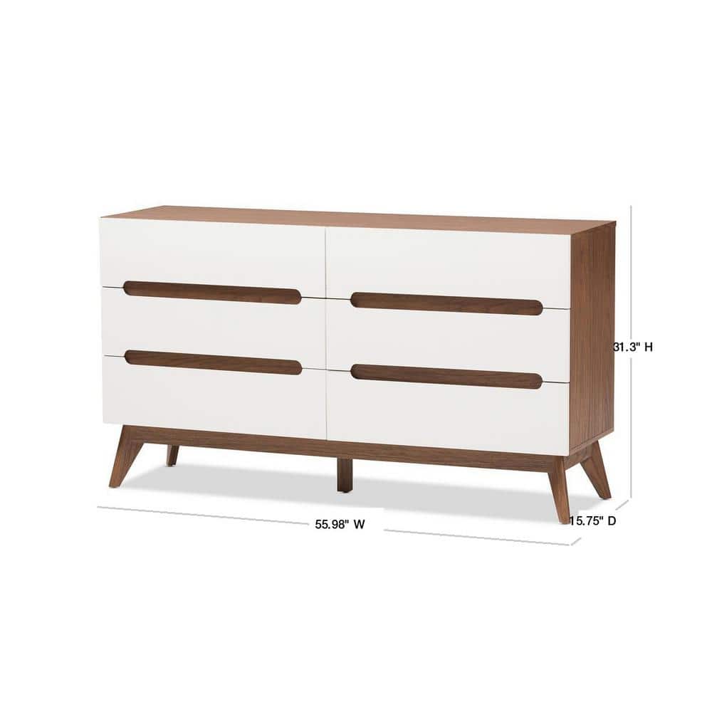 Calypso Mid-Century White and Walnut 6-Drawer Dresser