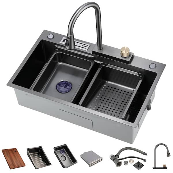 Unbranded 30 in. Black Single Bowl Workstatio Undermount Stainless Steel Kitchen Sink with Pull Down Faucet and Knife Holder Set
