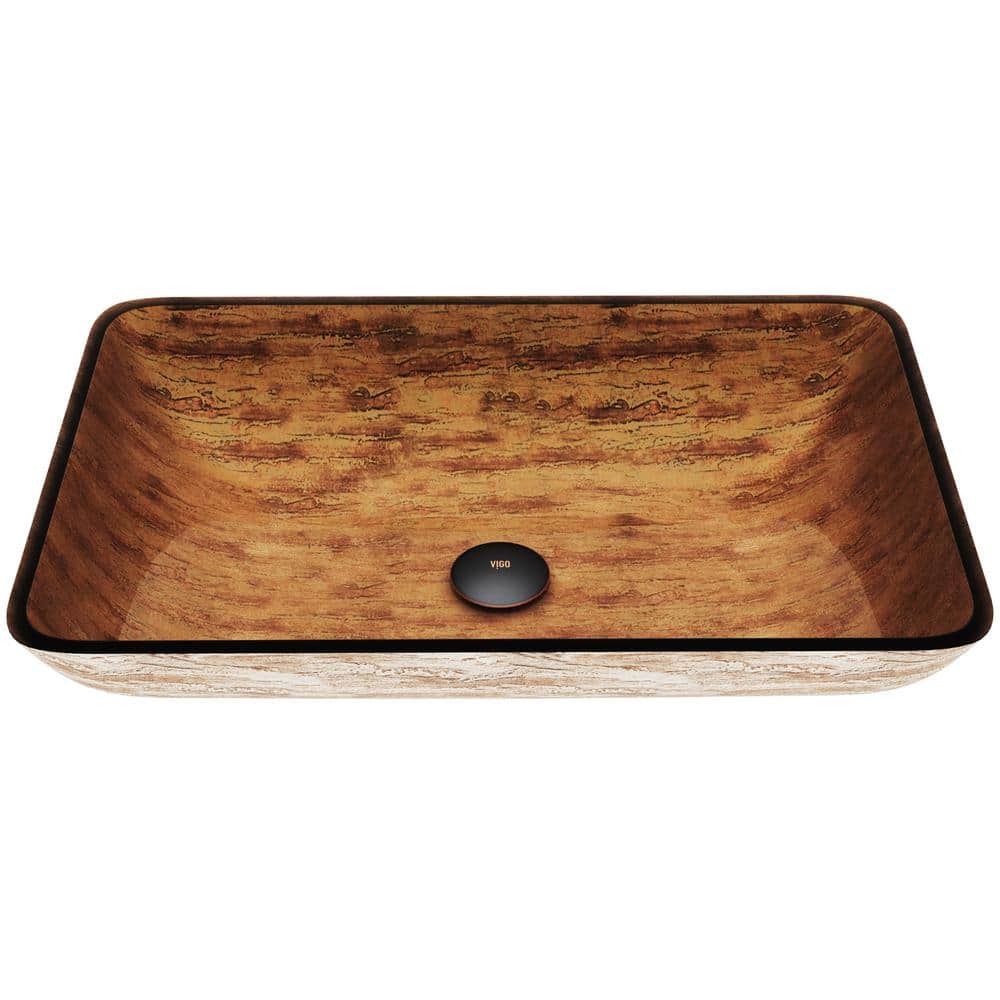 Amber Sunset Glass Rectangular Vessel Sink with Wood Finish