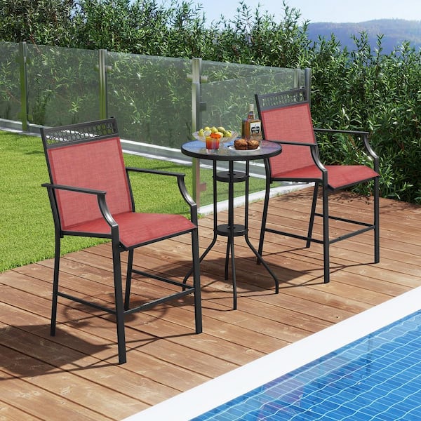 Unbranded Metal Outdoor Bar Stool with Footrest and Armrestsof (2-Pack), Red