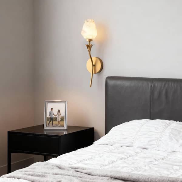 6 in. 1-Light Gold Wireless Dimmable Wall Sconce with Flower Art Glass, Decorative Wall Decor for Bedroom, 2-Pack