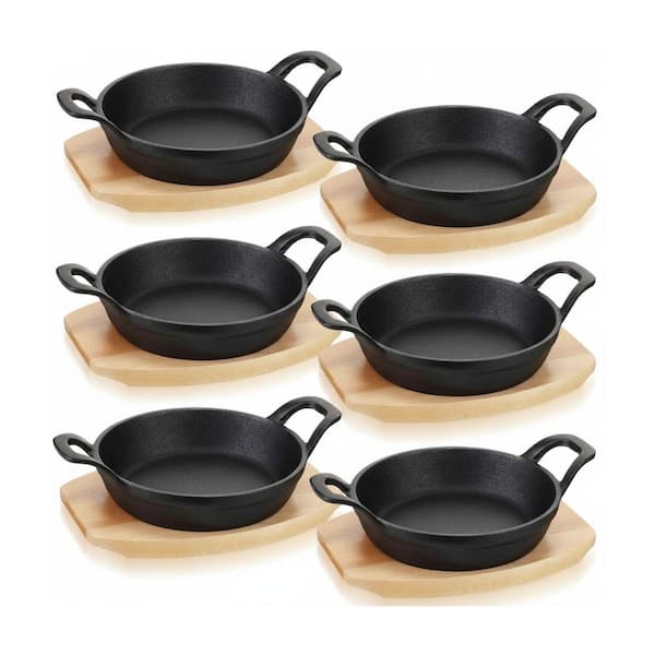 6-Piece Black Cast Iron Skillet Set with Wooden Base Rustic Finish Versatile for Induction Gas Oven Cooking
