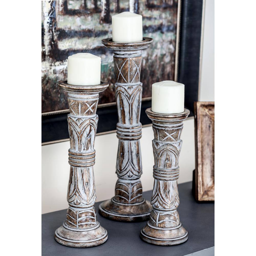 Light Brown Mango Wood Pillar Candle Holders, Set of 3