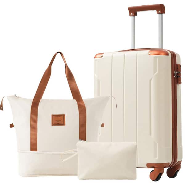 3-Piece White and Brown ABS Hardshell Spinner 20 in. Luggage Set with an Expandable Travel Duffel Bag, a Toiletry Bag
