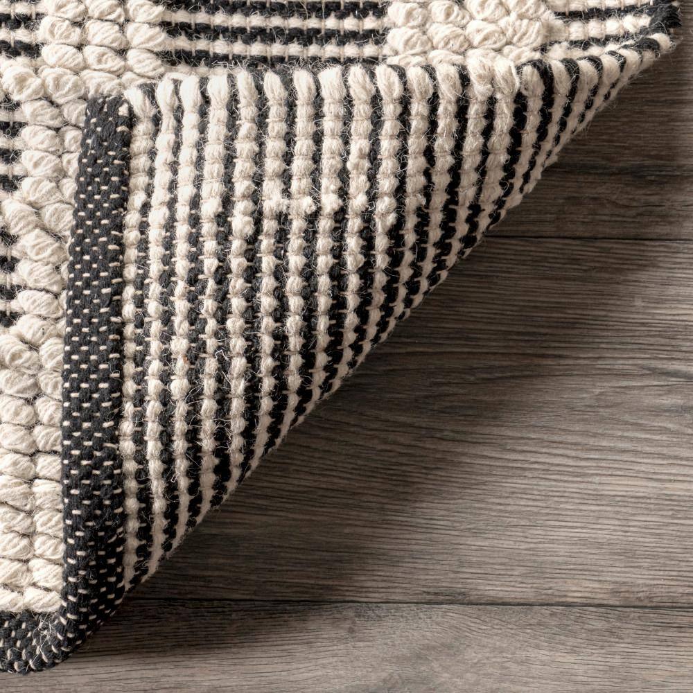 Handmade Black and White Wool Stripe Rectangular Rug 8' x 10'