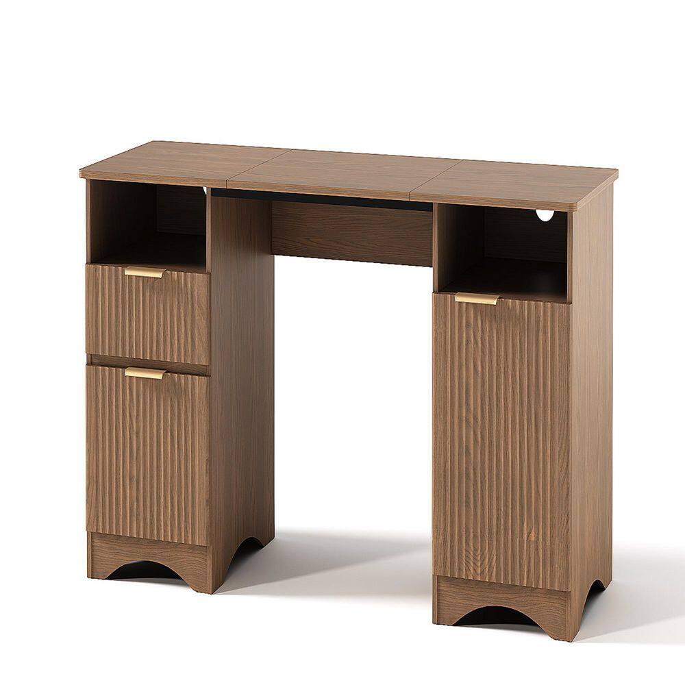 59 in. Brown Oak Fluted Executive Desk with 2-Storage Drawers and Cabinet, Computer Desk for Home Office