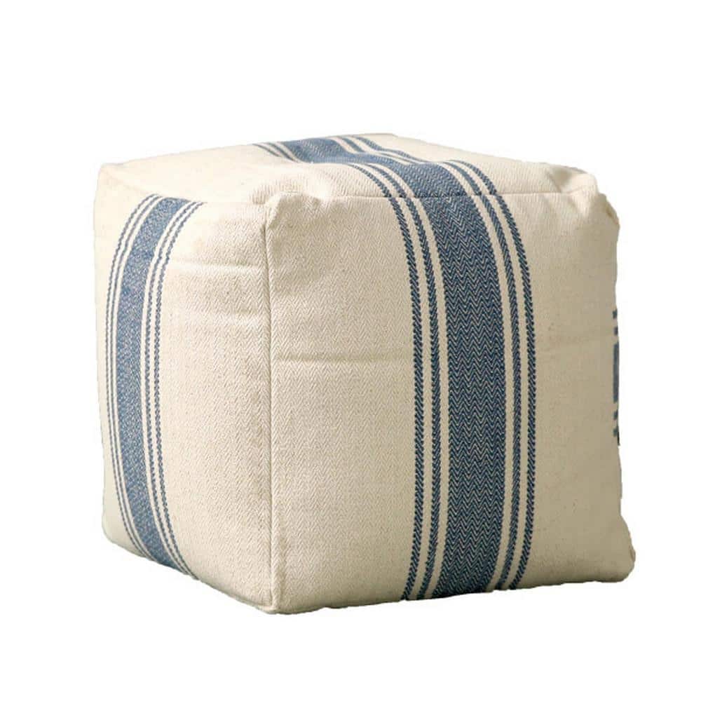 Coastal Charm Cream & Blue Stripe Square Metal Pouf