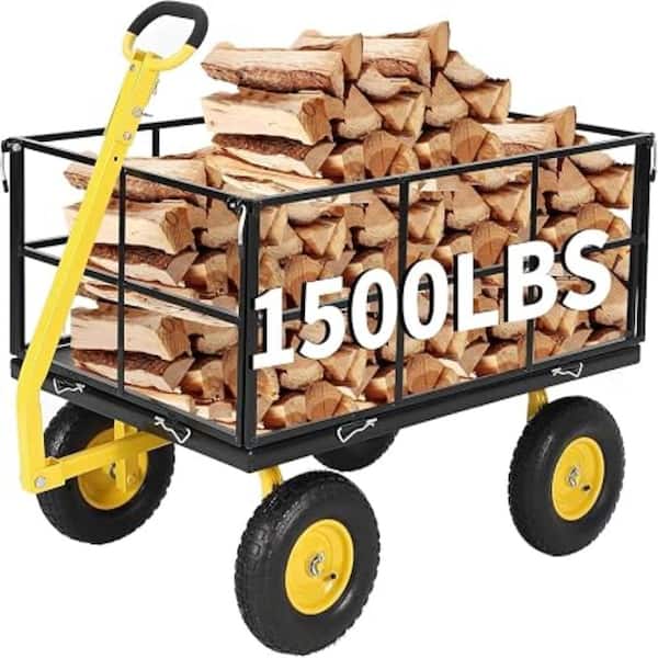 1500lbs Heavy Duty Steel Garden Cart, 3-in-1 Wagon with Removable Mesh Sides, 13" Wheels & 180° Rotating Handle