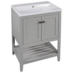 24 in. W x 18 in. D x 33.6 in. H Freestanding Bath Vanity in Grey with White Ceramic Top, Single Basin Sink and Shelf