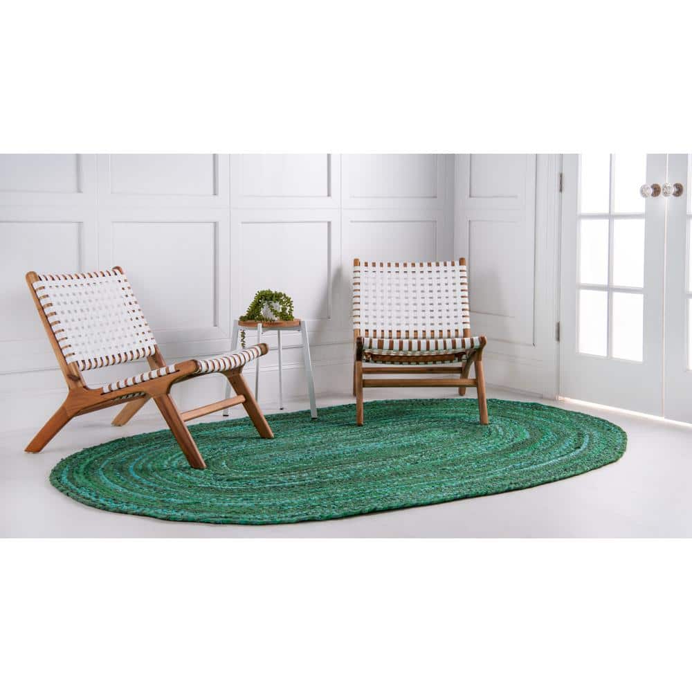 Handmade Eco-Conscious Braided Cotton 3x5 Oval Rug in Green and Turquoise
