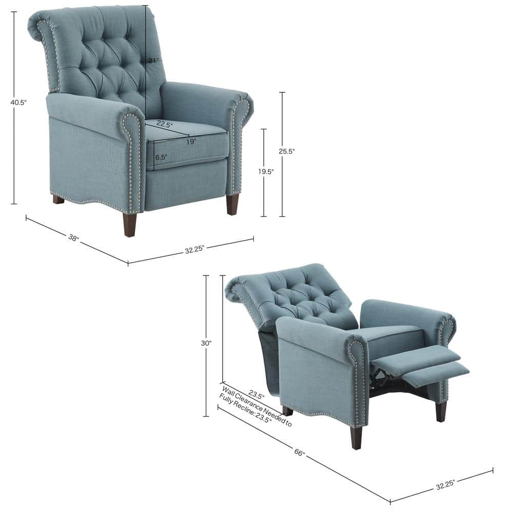 Transitional Blue Tufted Recliner with Bronze Nailhead Trim