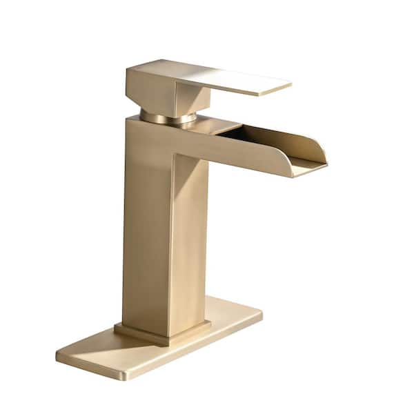 Tahanbath Single Handle Wall Mounted Bathroom Faucet with Deck Plate & Overflow Pop Up Drain in Brushed Gold