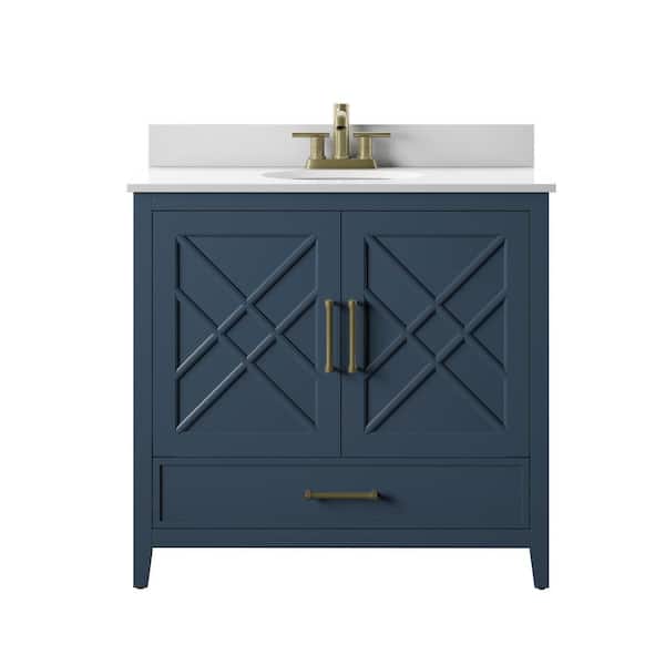 Twin Star Home 36 in. W x 20 in. D x 38.13 H Bath Vanity in Franklin Blue with Stone Vanity Top in White with White Basin