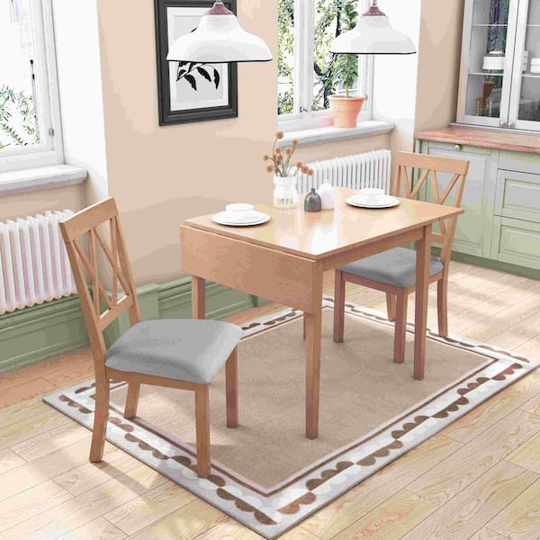 3-Piece Rectangular Natural Wood Top Dining Table Set Seats 2 with Drop Leaf Dining Table and 2 Upholstered Chairs