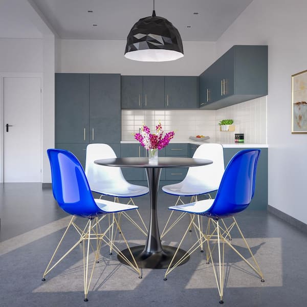 Leisuremod 5-Piece Dining Set 35 in. Round Dining Table with 4 ABS Plastic Side Chair with Gold Base in White Blue